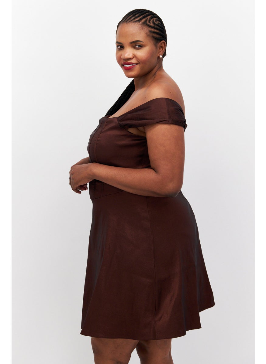 Women Solid Curve Dress, Brown