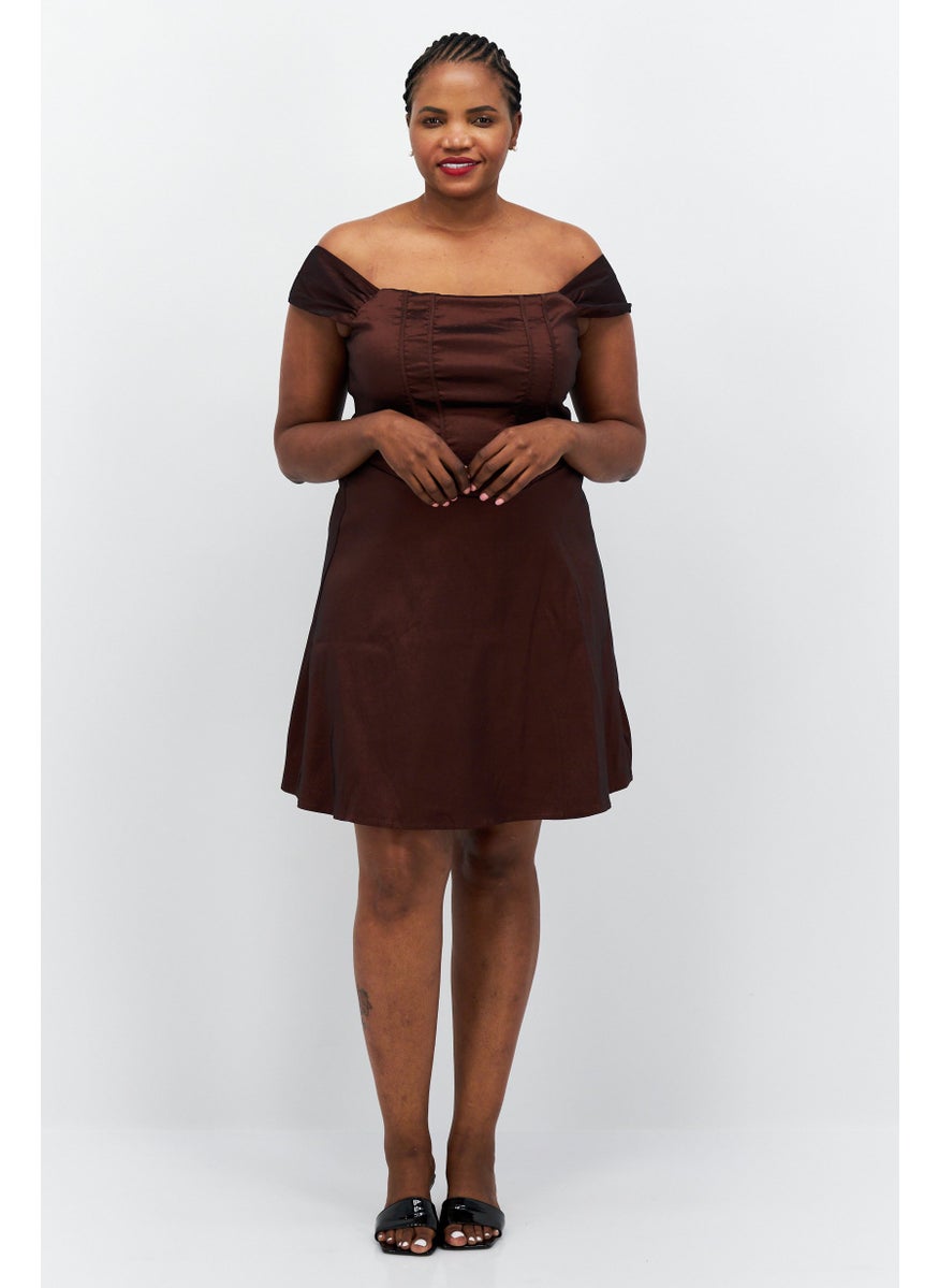 Women Solid Curve Dress, Brown