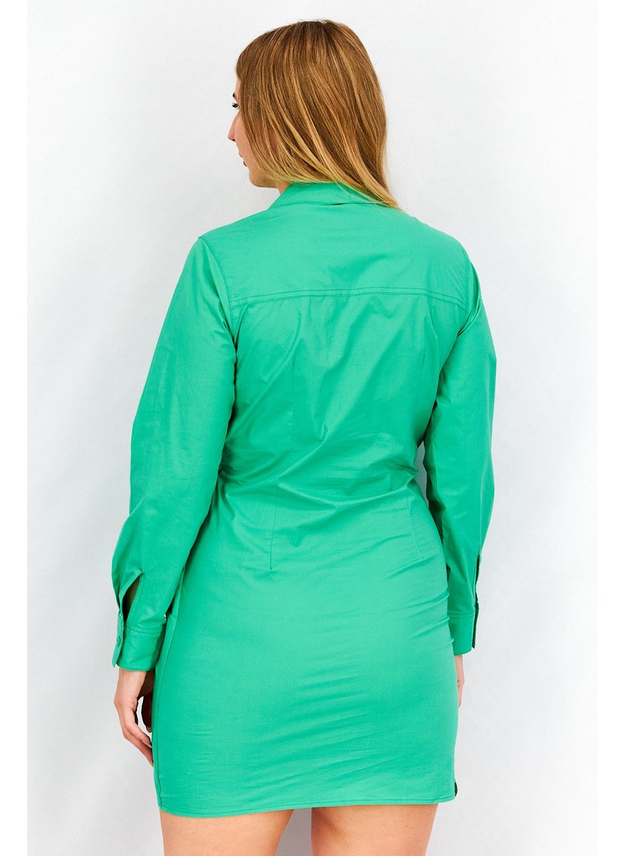 Women Solid Long Sleeve Rouched Shirt Dress, Green
