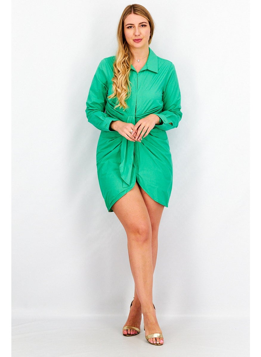 Women Solid Long Sleeve Rouched Shirt Dress, Green