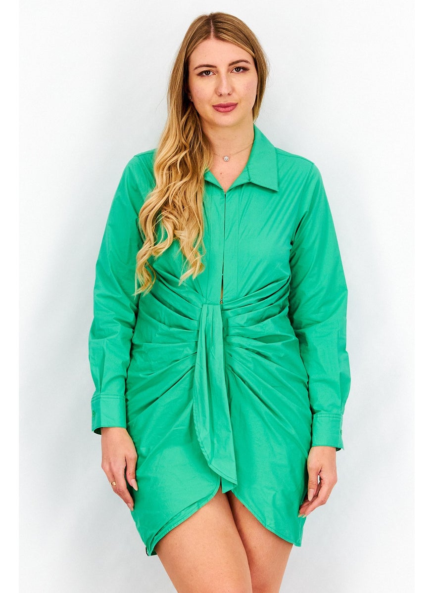 Women Solid Long Sleeve Rouched Shirt Dress, Green