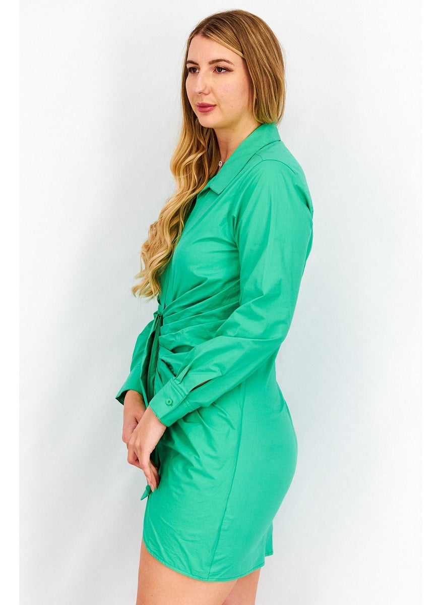 Women Solid Long Sleeve Rouched Shirt Dress, Green