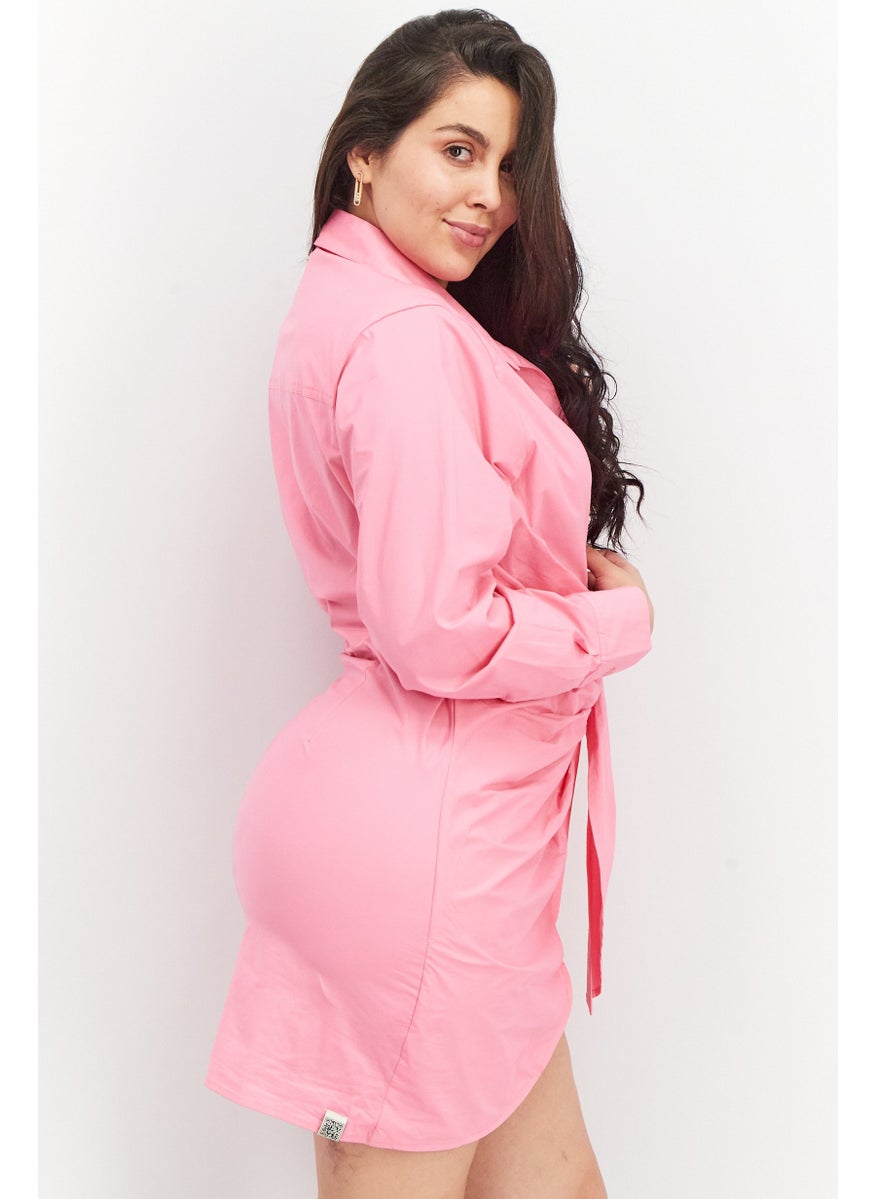 Women Solid Long Sleeve Rouched Shirt Dress, Pink