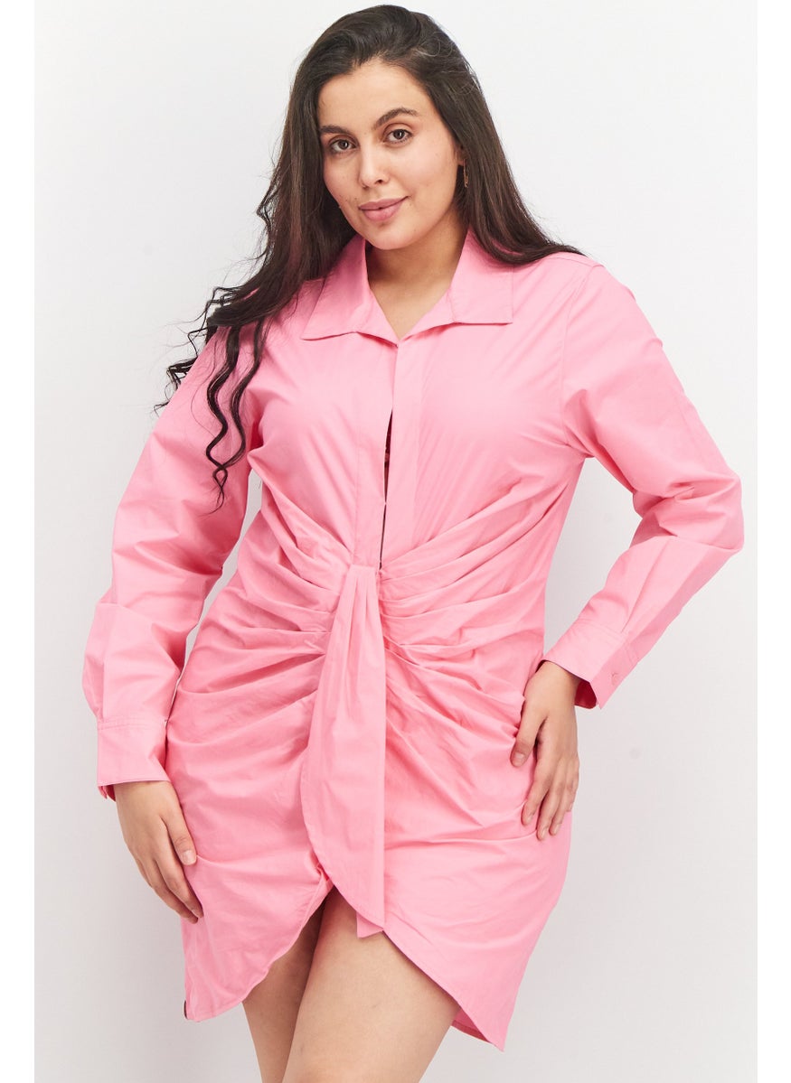 Women Solid Long Sleeve Rouched Shirt Dress, Pink