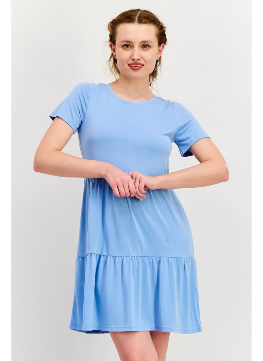 Women Plain Short Sleeve Mini Dress, Blue