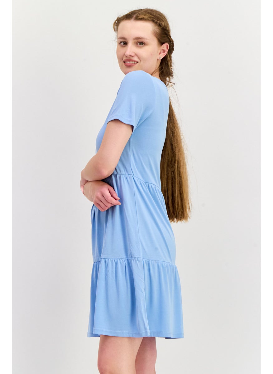 Women Plain Short Sleeve Mini Dress, Blue