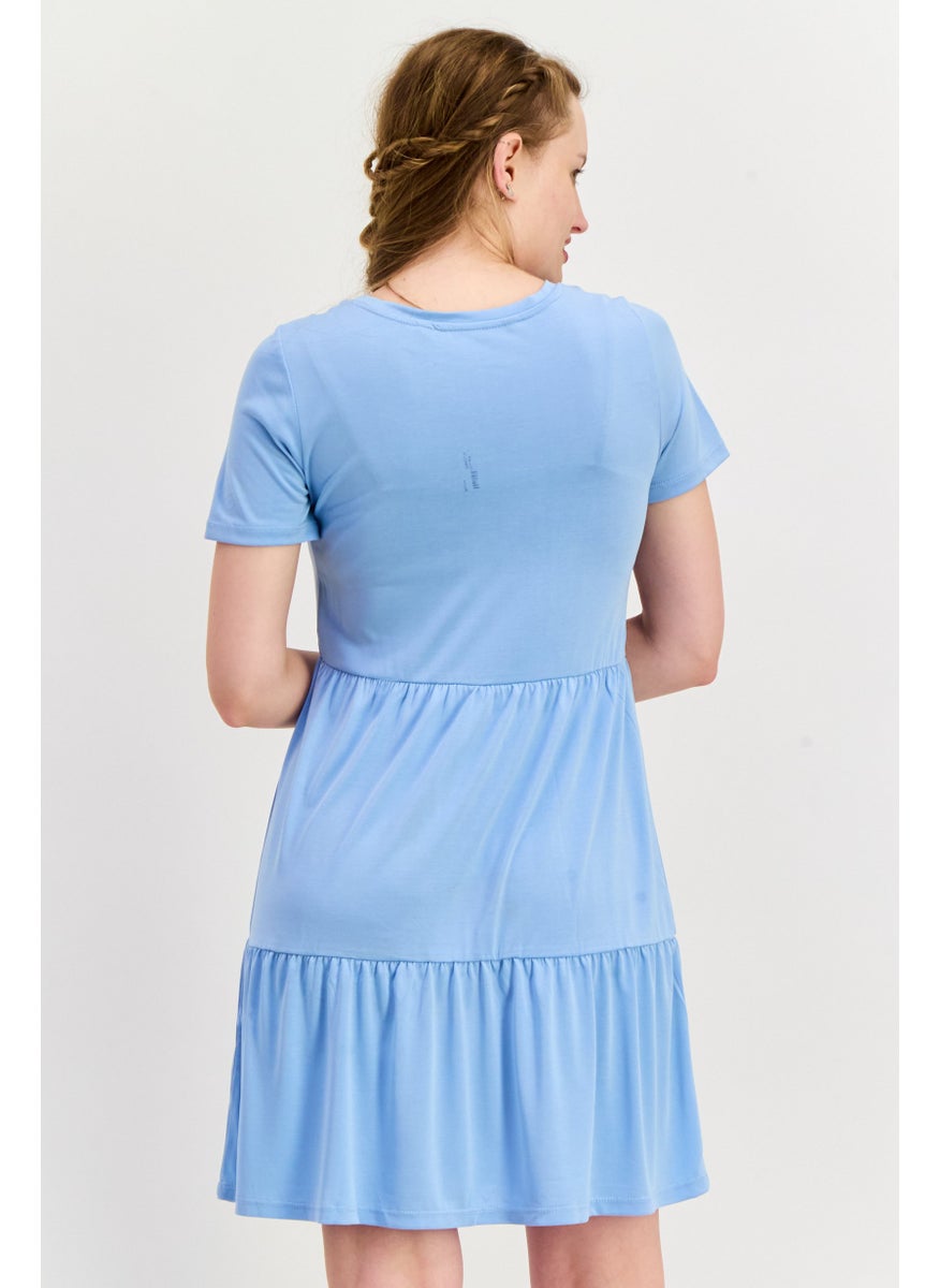 Women Plain Short Sleeve Mini Dress, Blue
