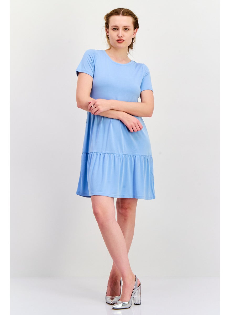 Women Plain Short Sleeve Mini Dress, Blue