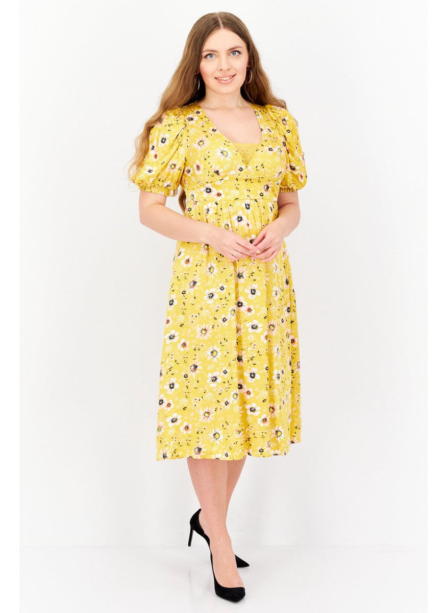 Women Floral Print Casual Mini Dress, Yellow