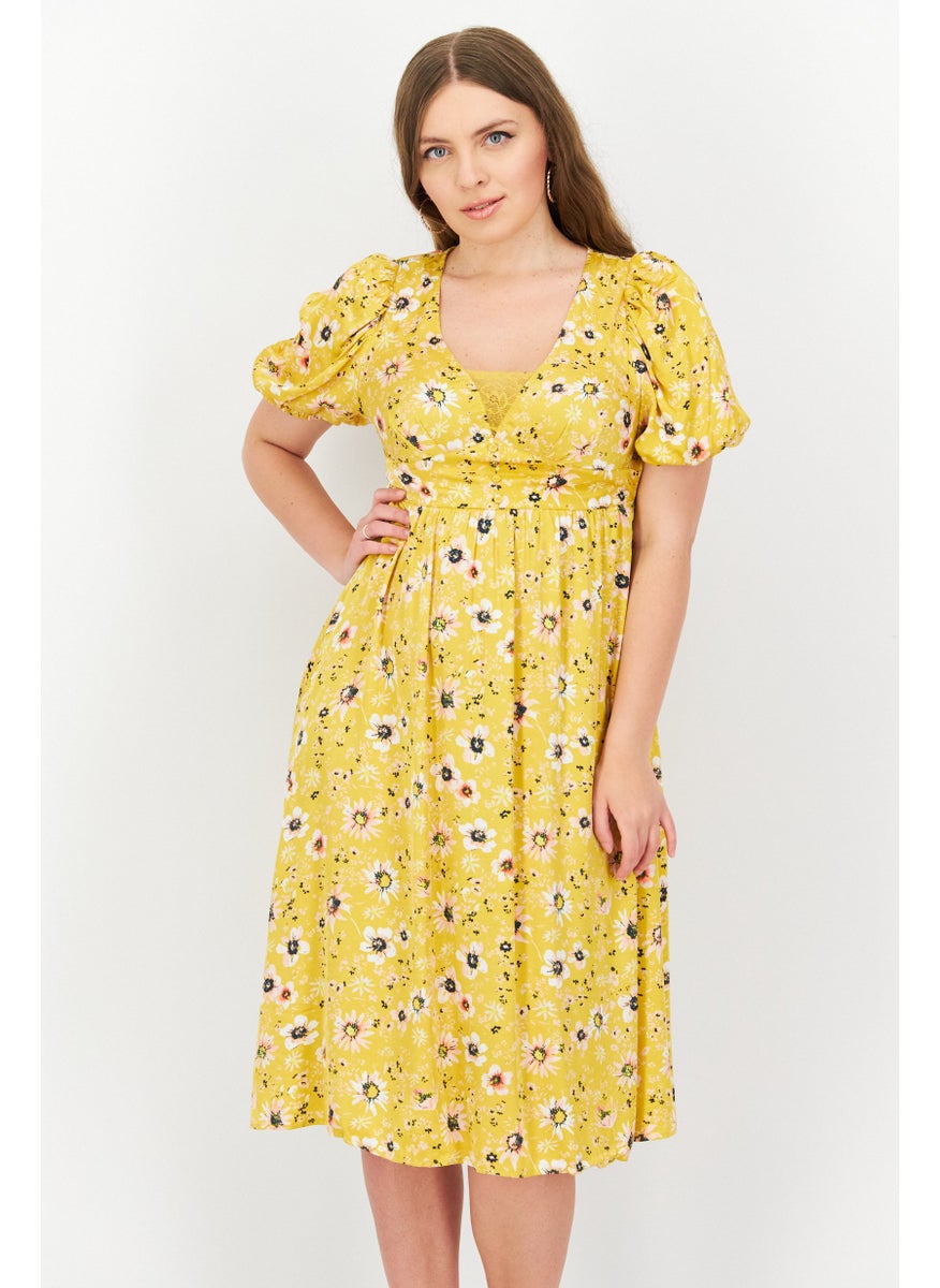 Women Floral Print Casual Mini Dress, Yellow