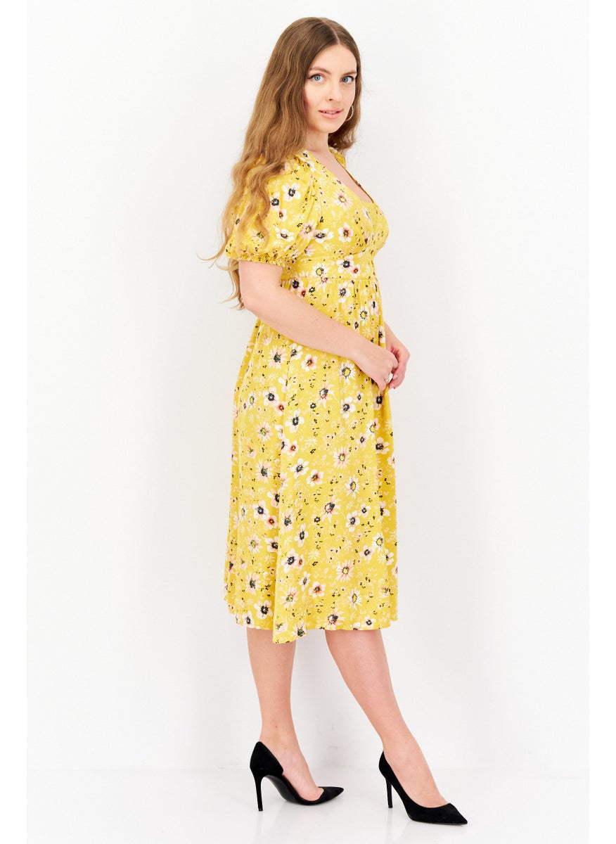 Women Floral Print Casual Mini Dress, Yellow
