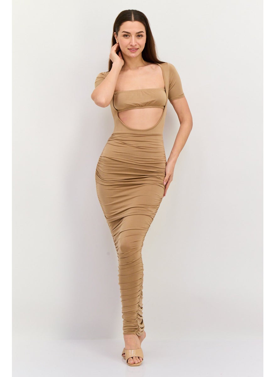 Women Ruched Bodycon Dress, Tan