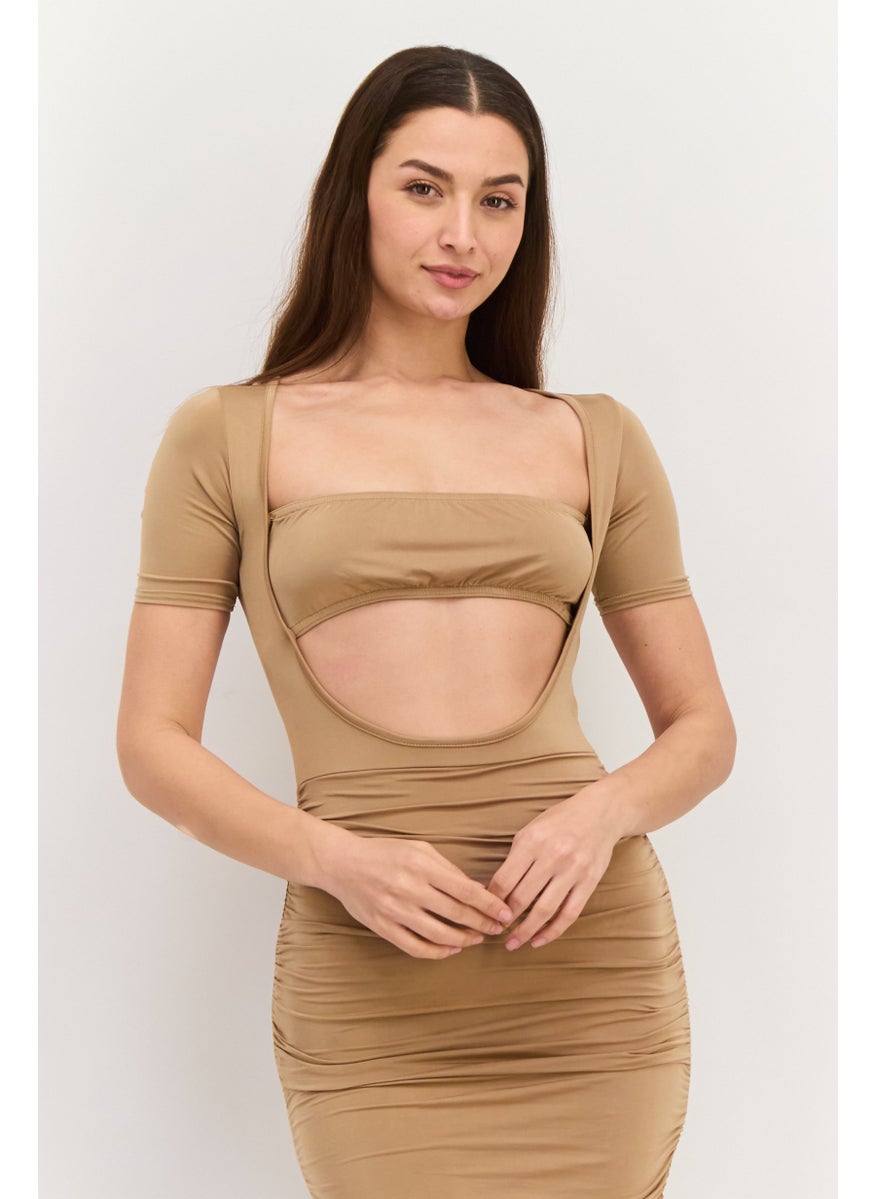 Women Ruched Bodycon Dress, Tan