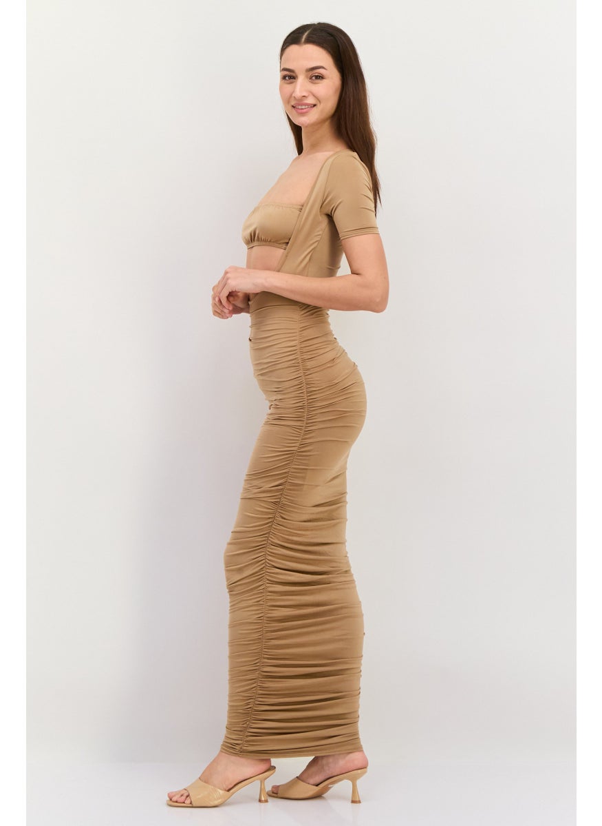 Women Ruched Bodycon Dress, Tan