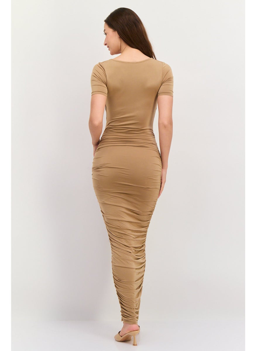 Women Ruched Bodycon Dress, Tan