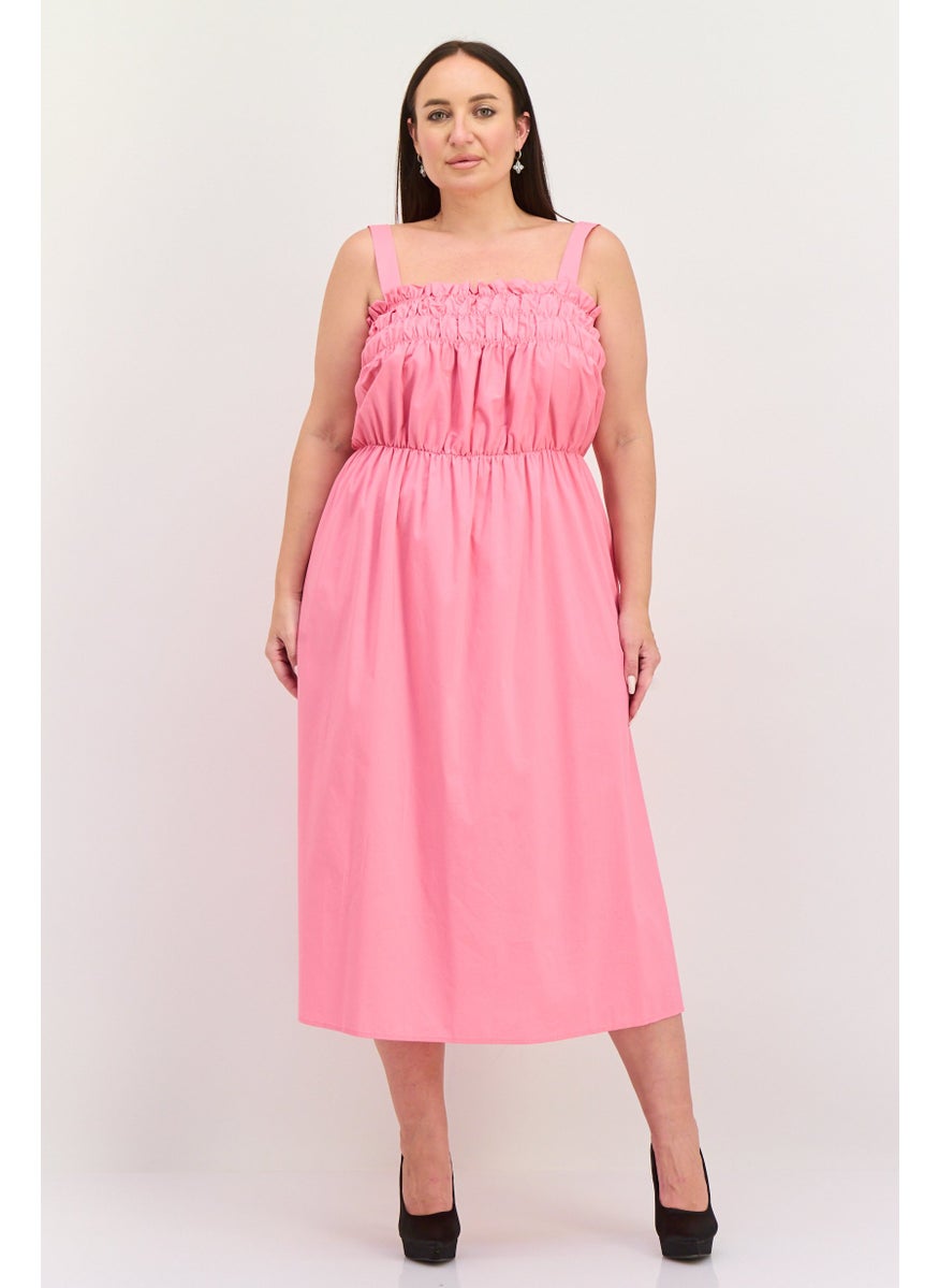 Women Curve Shirred Midi Dress, Pink