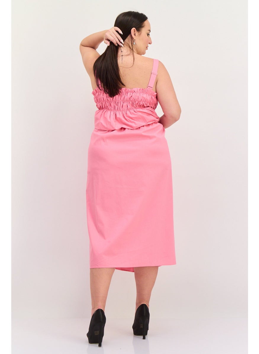 Women Curve Shirred Midi Dress, Pink