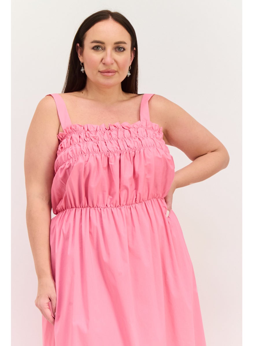 Women Curve Shirred Midi Dress, Pink