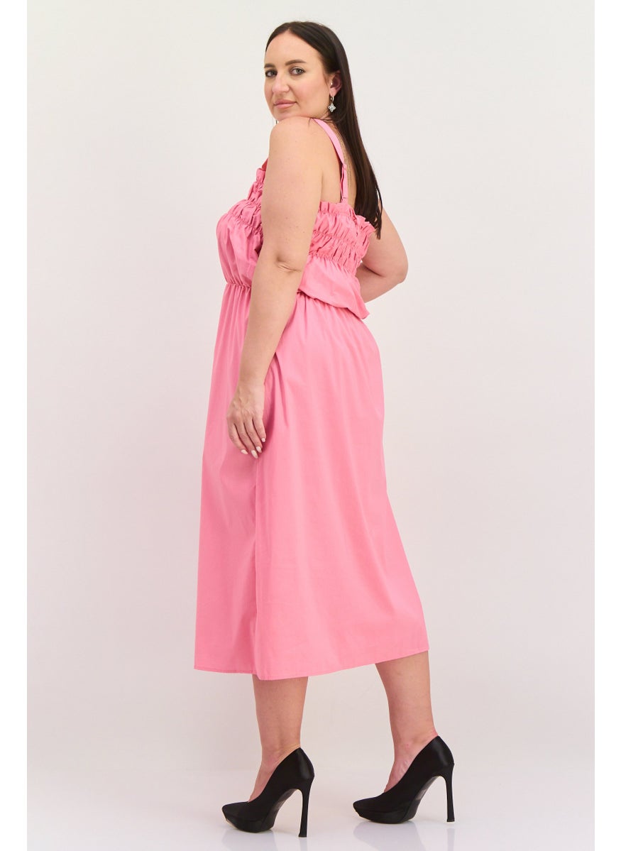 Women Curve Shirred Midi Dress, Pink
