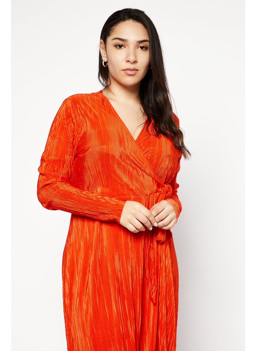 Women Ribbed Long Sleeve Midi Dress, Orange