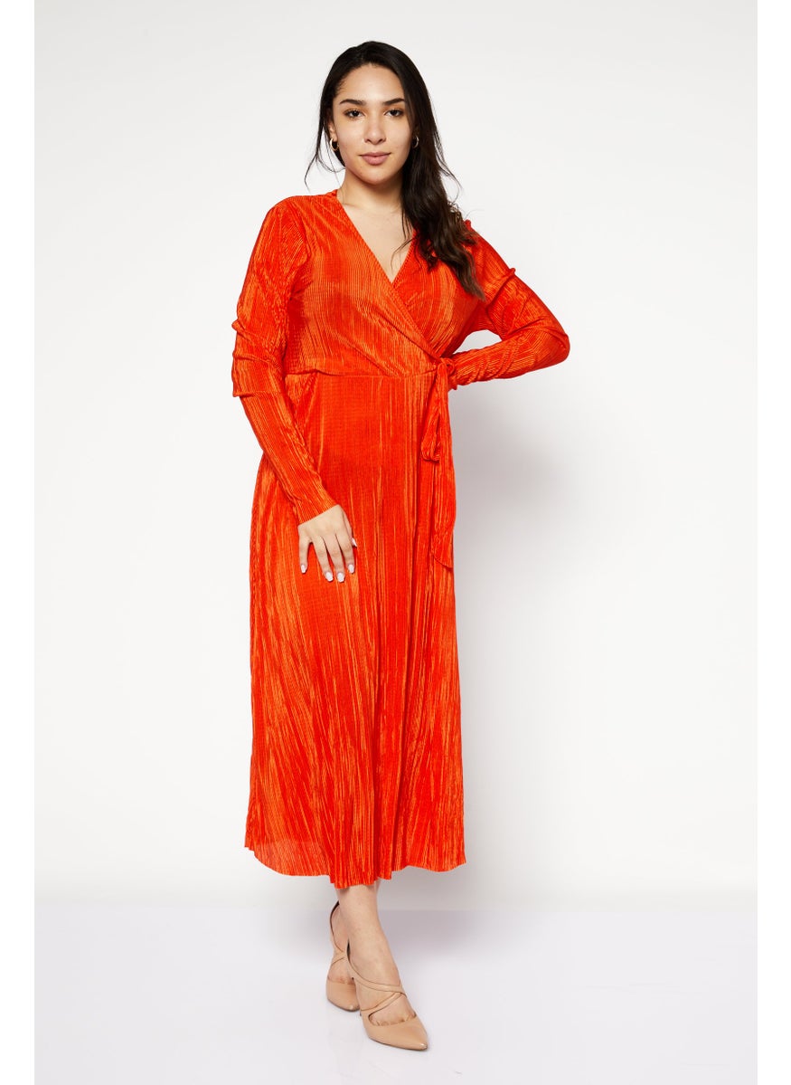 Women Ribbed Long Sleeve Midi Dress, Orange