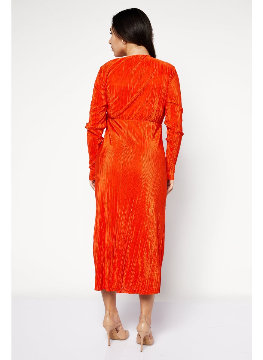 Women Ribbed Long Sleeve Midi Dress, Orange