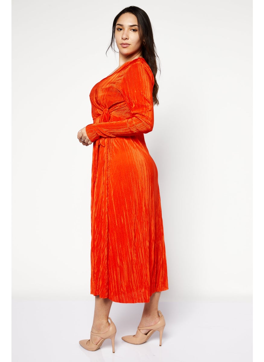 Women Ribbed Long Sleeve Midi Dress, Orange