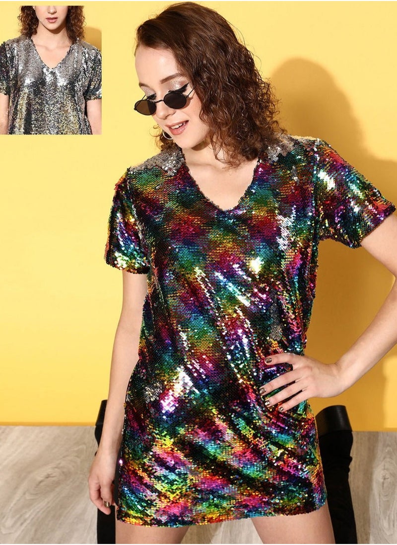 Women Black Multi-Sequin V-Neck T-Shirt Dress