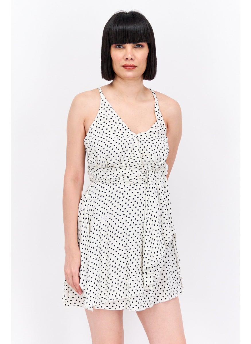 Women Polka Dots Sleeveless Dress, White