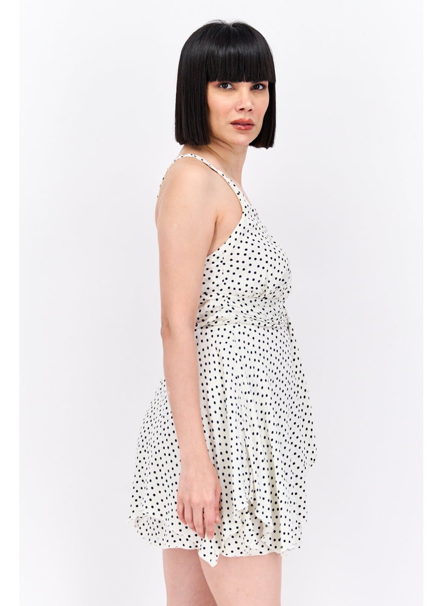 Women Polka Dots Sleeveless Dress, White