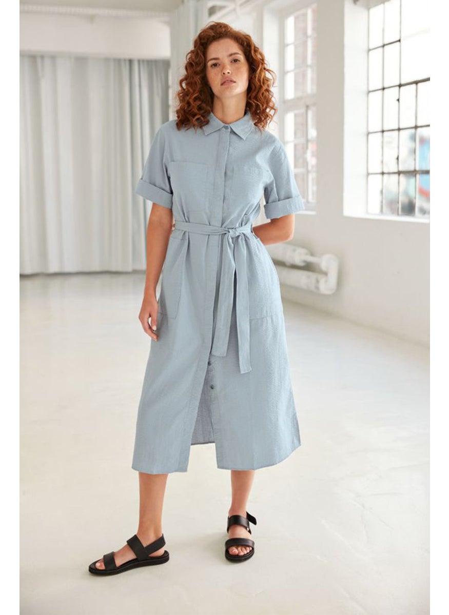 Women Spread Collar Textured Dress, Light Blue