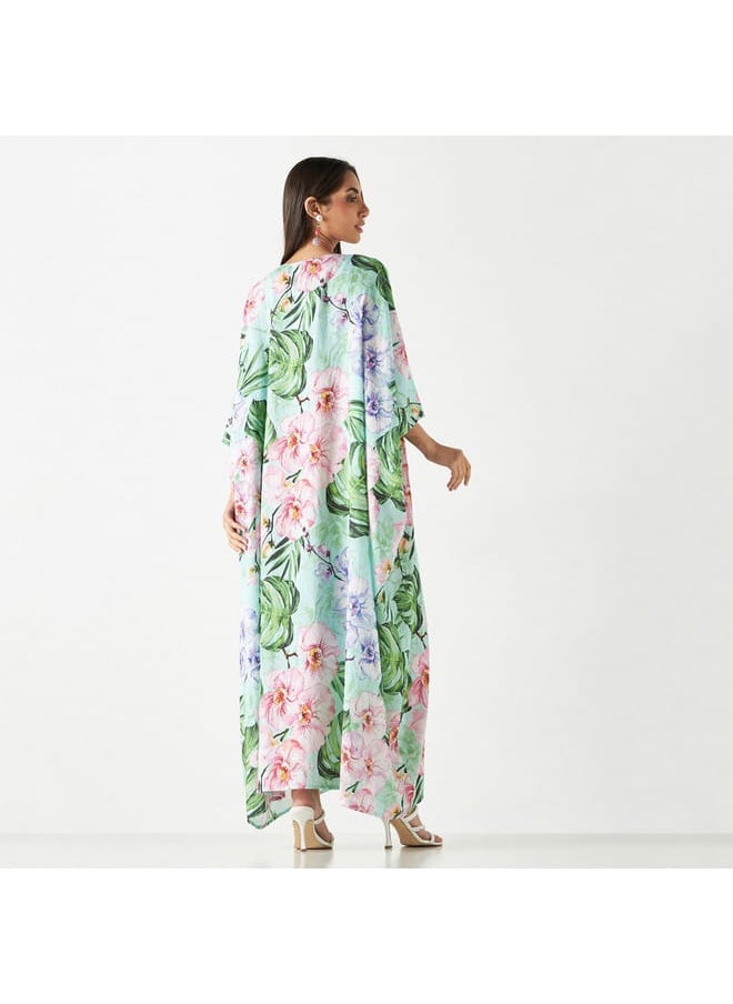 Iconic All-Over Tropical Print Kaftan Dress with V-neck