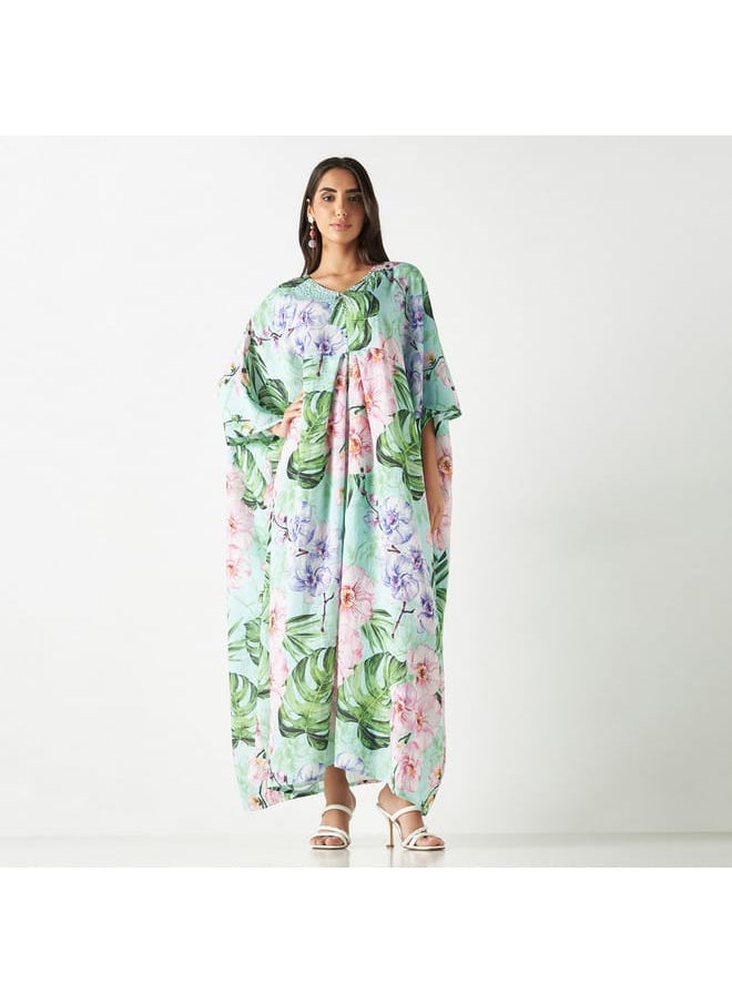 Iconic All-Over Tropical Print Kaftan Dress with V-neck