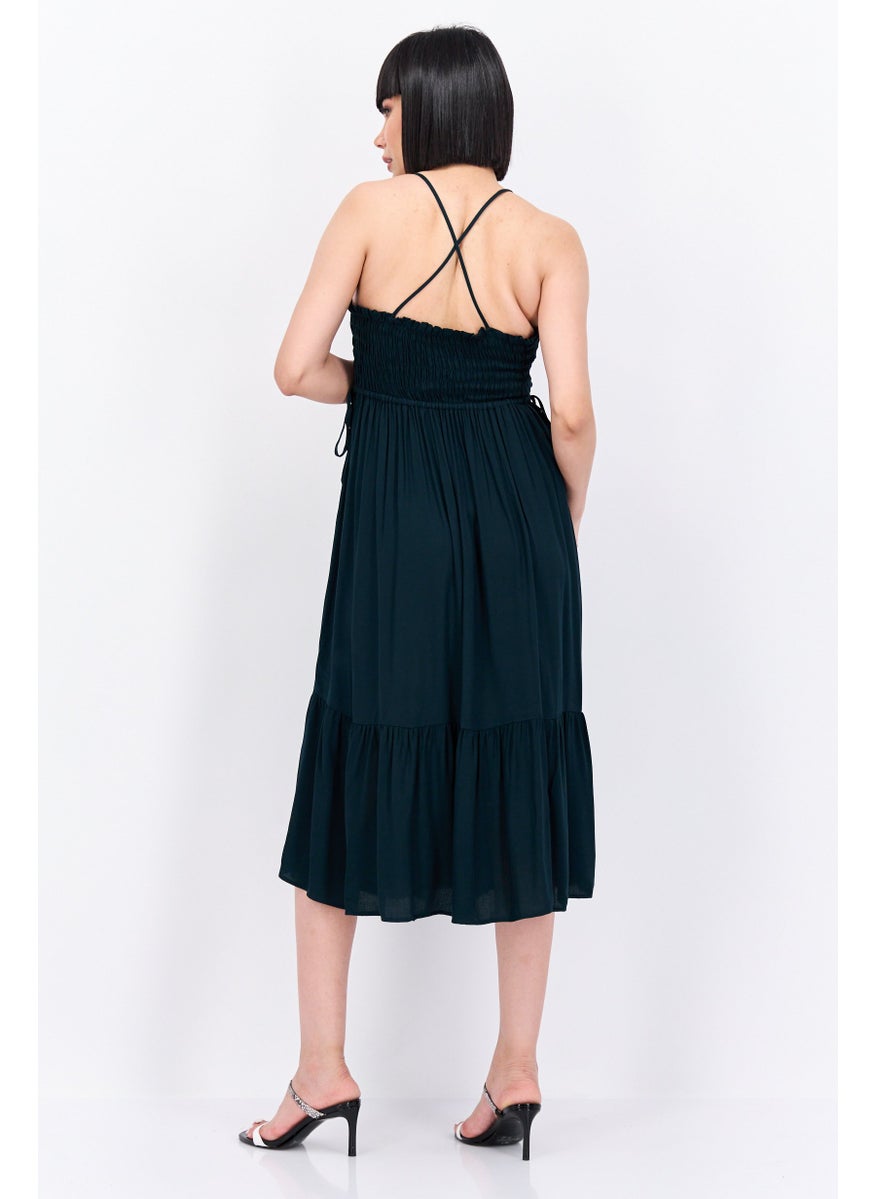 Women Solid Midi Tiered Dress, Dark Green