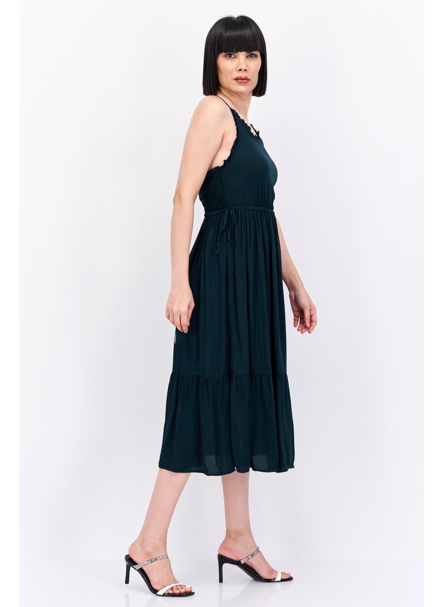 Women Solid Midi Tiered Dress, Dark Green