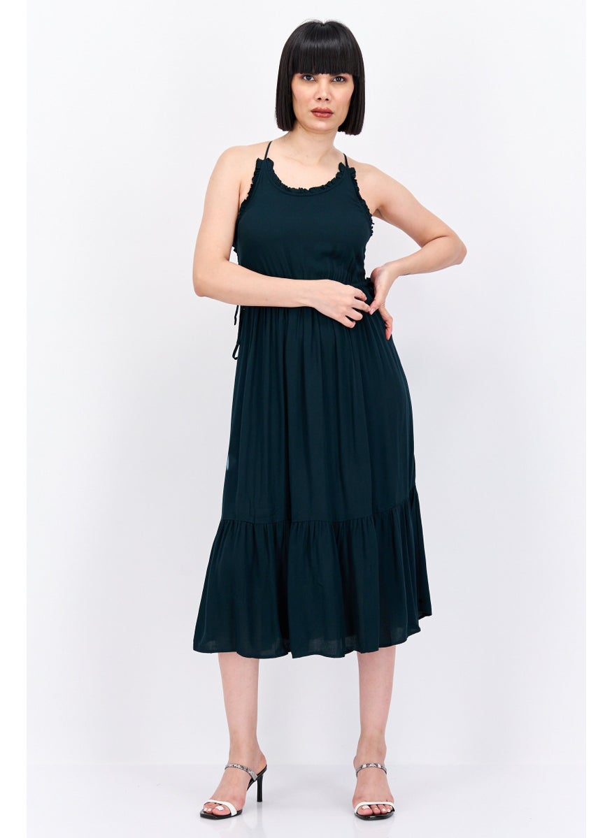 Women Solid Midi Tiered Dress, Dark Green