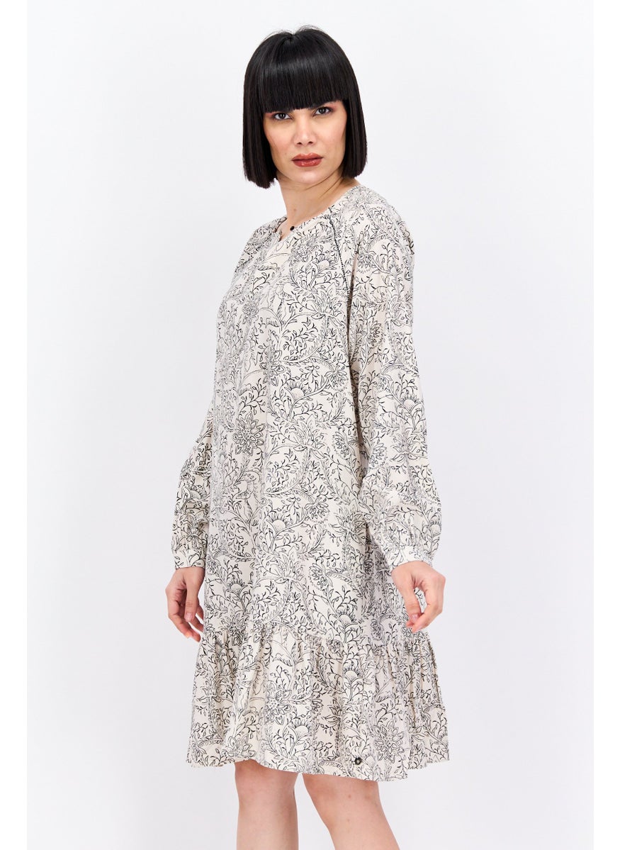 Women Floral Print Mini Casual Dress, Beige