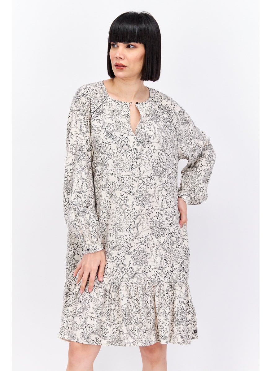 Women Floral Print Mini Casual Dress, Beige