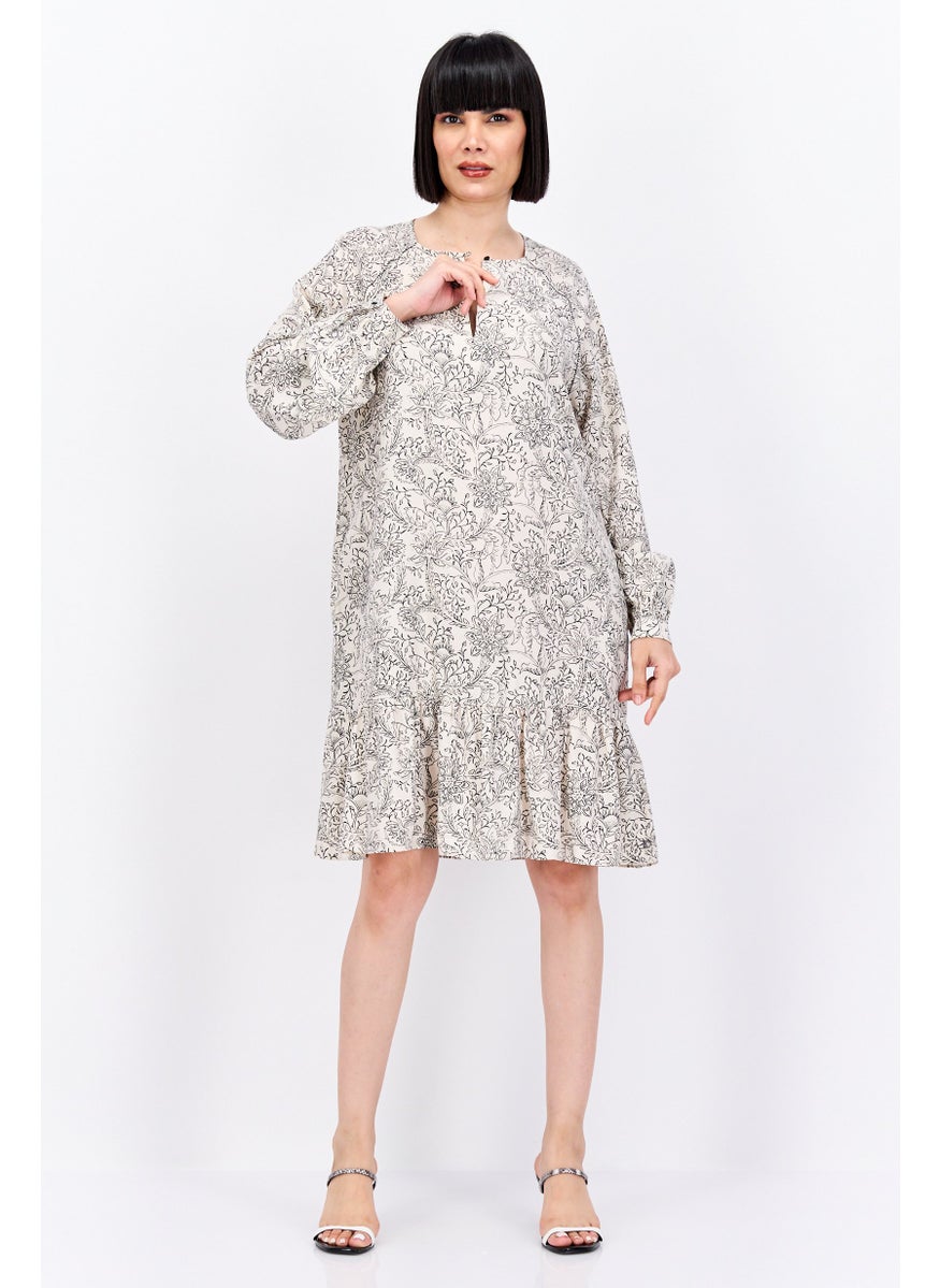 Women Floral Print Mini Casual Dress, Beige