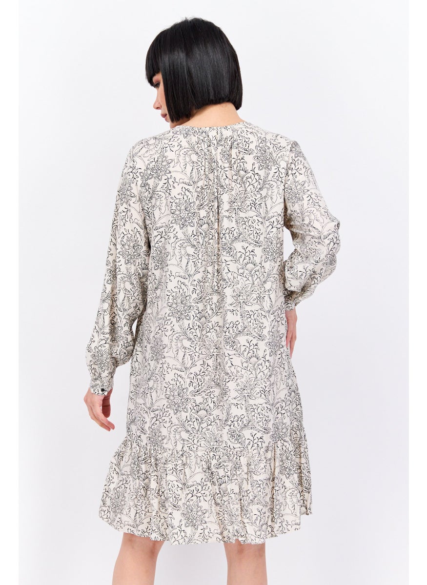 Women Floral Print Mini Casual Dress, Beige