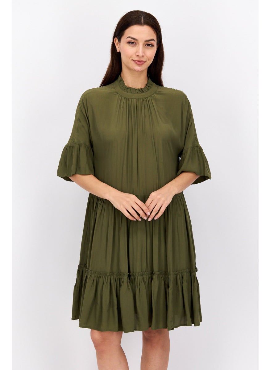 Women Plain Mini Dress, Olive