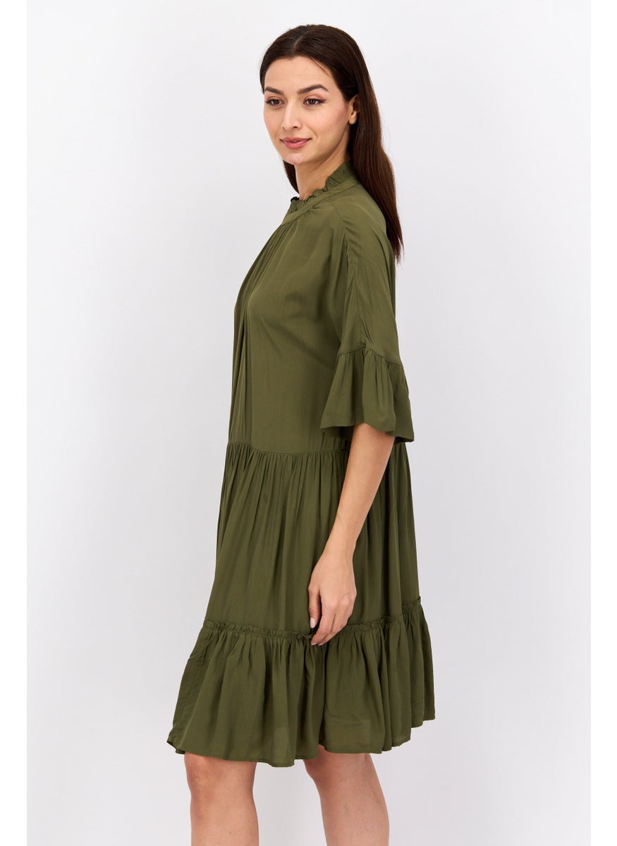 Women Plain Mini Dress, Olive