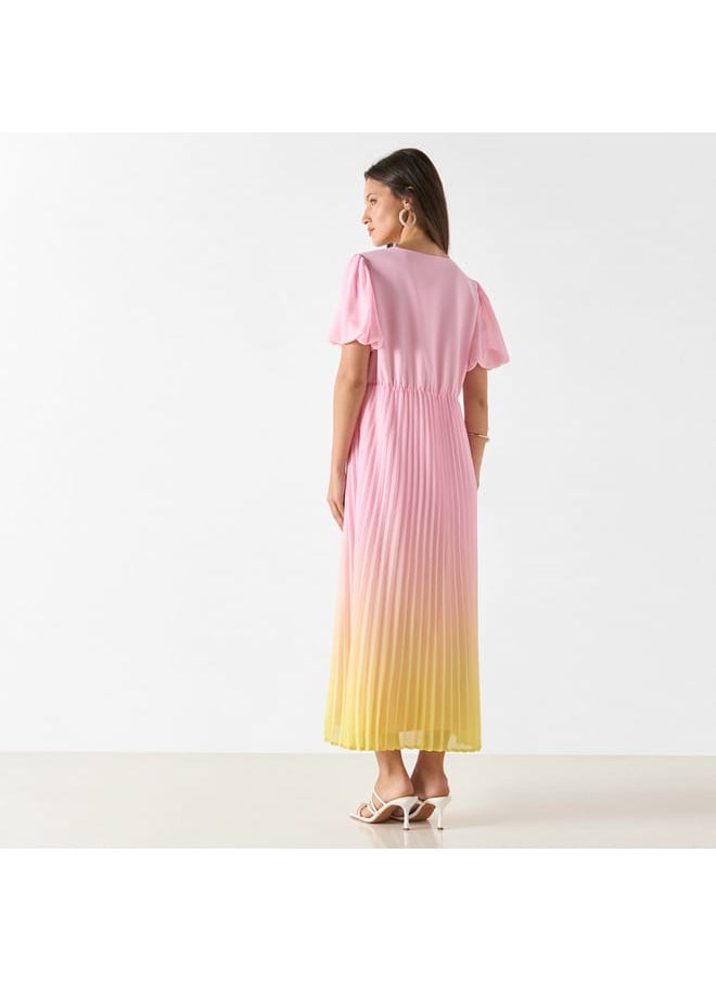 Iconic Ombre V-neck Dress with Balloon Sleeves and Pleat Detail