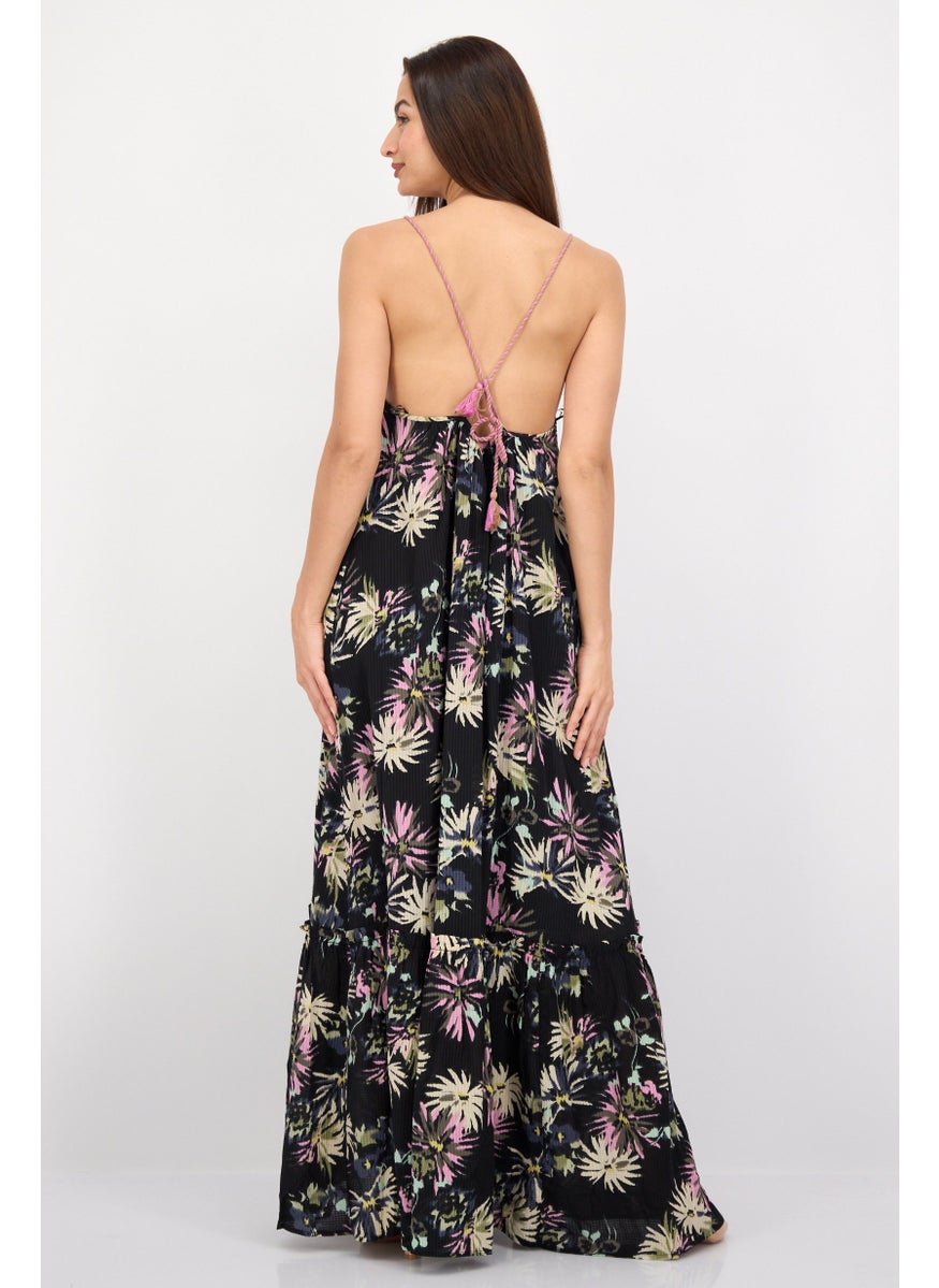 Women Allover Print Regular Length Maxi Dress, Black Combo