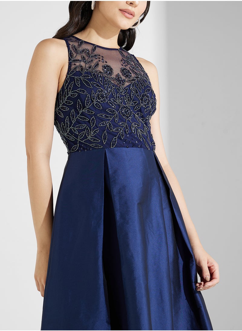 Embroidered Bodice Gown Dress