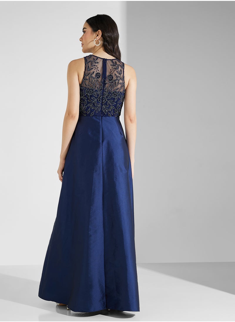 Embroidered Bodice Gown Dress