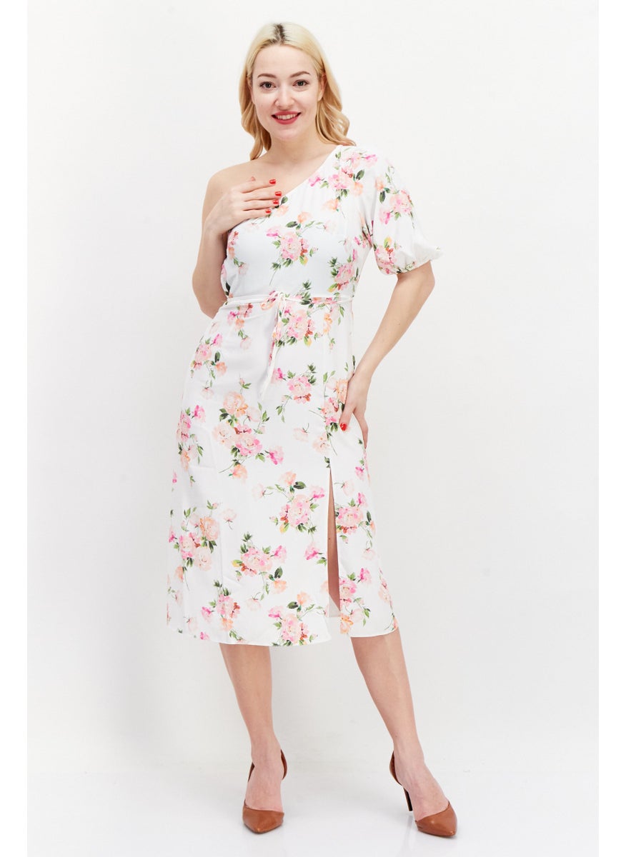 Women Floral Pattern Midi Party Dress, Pink Combo