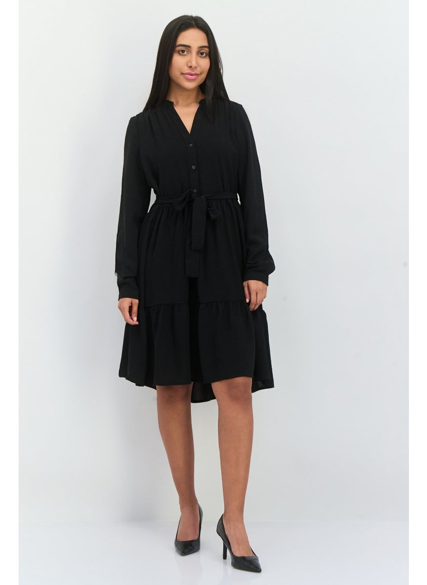 Women Solid Midi Party Dress, Black