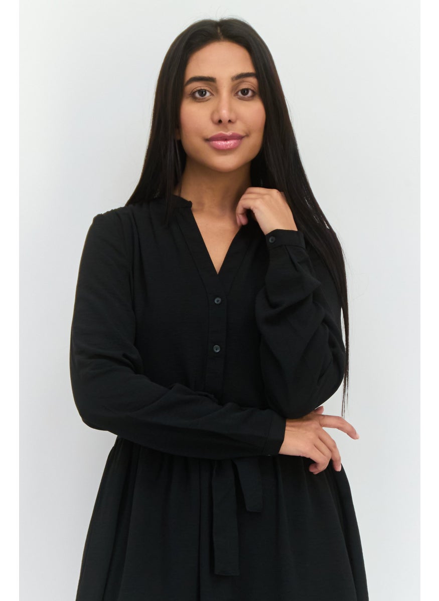 Women Solid Midi Party Dress, Black