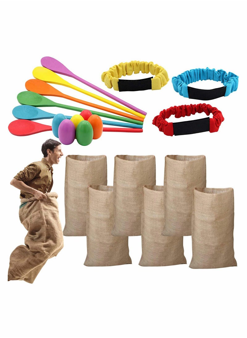 Potato Sack Race Bags Egg and Spoon Race Legged Relay Race Bands Elastic Tie Rope for Kids and Family Activity Outdoor Game Lawn Games 6 Player Games